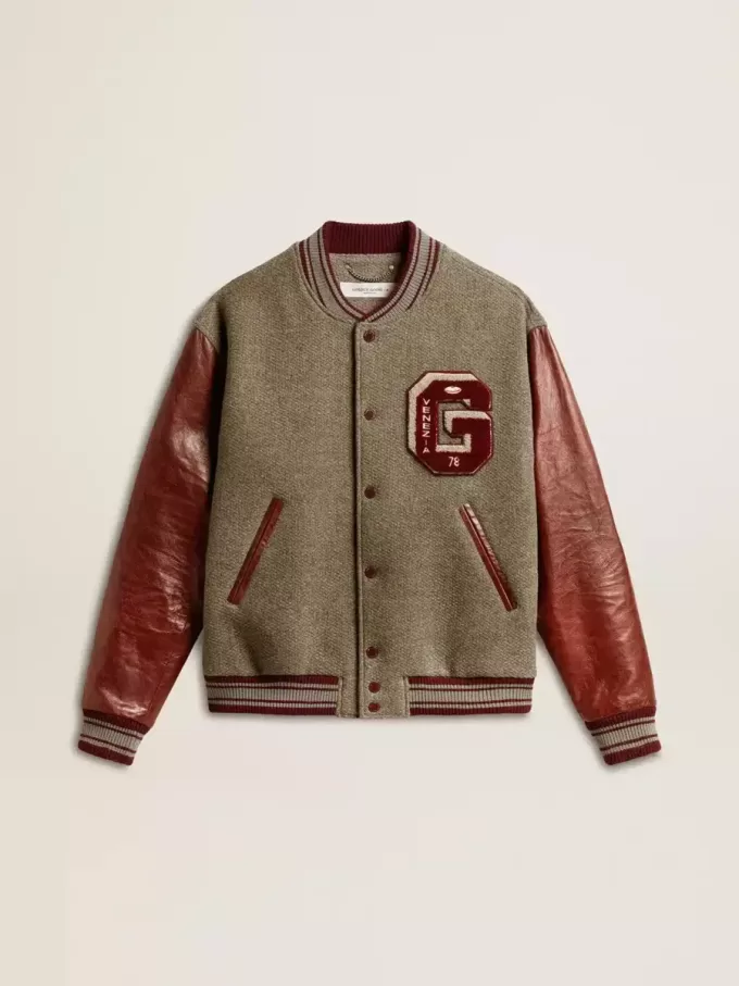 Bomberjacke aus grau melierter Wolle mit Lederärmeln Bomberjacke aus grau melierter Wolle mit Lederärmeln