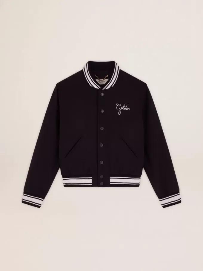 Bomberjacke für Damen aus dunkelblauer Wolle mit weißen Details