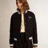 Bomberjacke für Damen aus dunkelblauer Wolle mit weißen Details