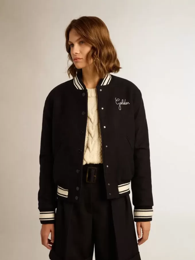 Bomberjacke für Damen aus dunkelblauer Wolle mit weißen Details