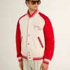 Bomberjacke in Used-Optik in Weiß und Rot mit Stickerei