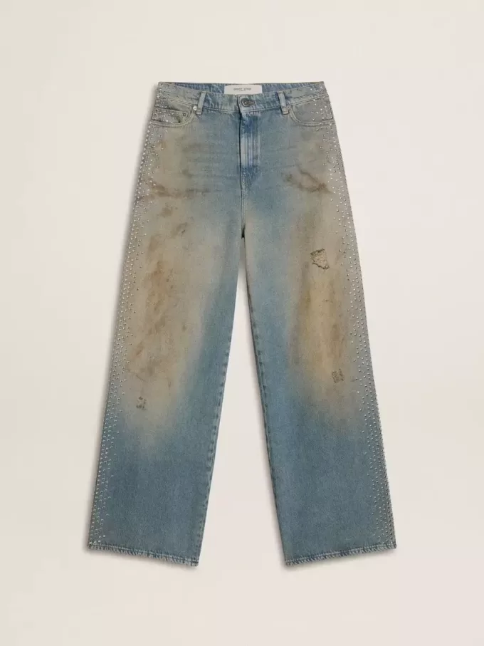 Boyfriend-Jeans für Damen mit Used-Effekt, Sandwaschung und Nieten