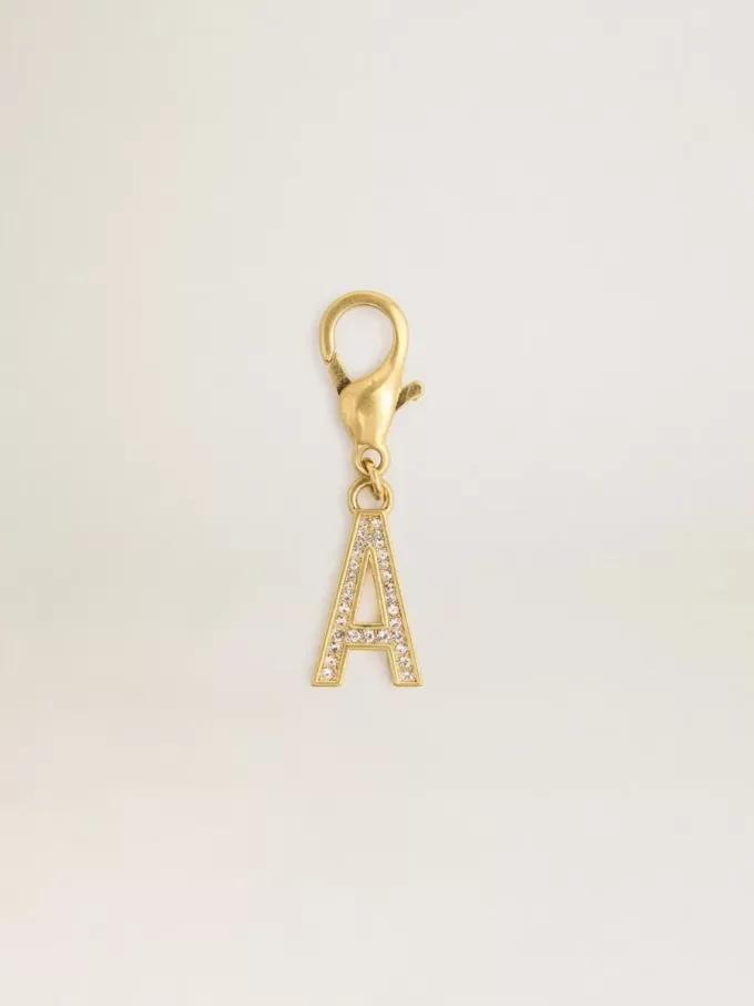 Buchstabe A-Anhänger aus goldfarbenem Messing mit Kristallen Buchstabe A-Anhänger aus goldfarbenem Messing mit Kristallen
