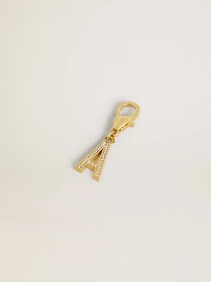 Buchstabe A-Anhänger aus goldfarbenem Messing mit Kristallen Buchstabe A-Anhänger aus goldfarbenem Messing mit Kristallen