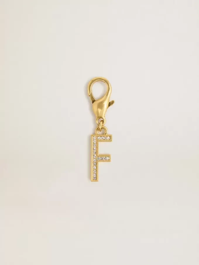Buchstabe F-Anhänger aus goldfarbenem Messing mit Kristallen Buchstabe F-Anhänger aus goldfarbenem Messing mit Kristallen