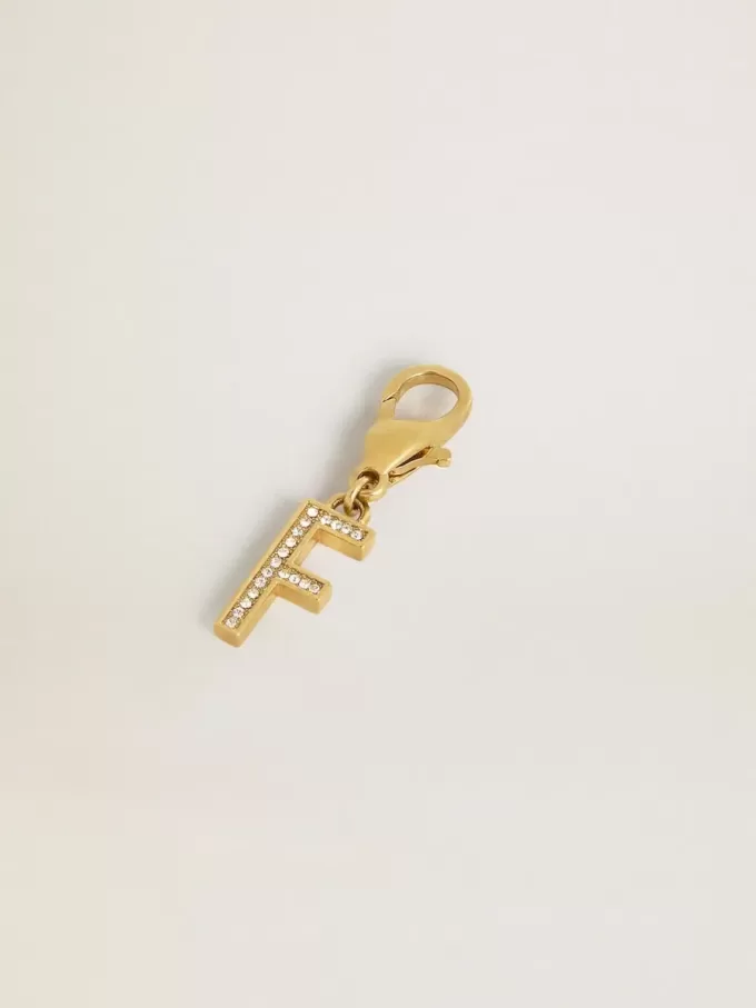 Buchstabe F-Anhänger aus goldfarbenem Messing mit Kristallen Buchstabe F-Anhänger aus goldfarbenem Messing mit Kristallen