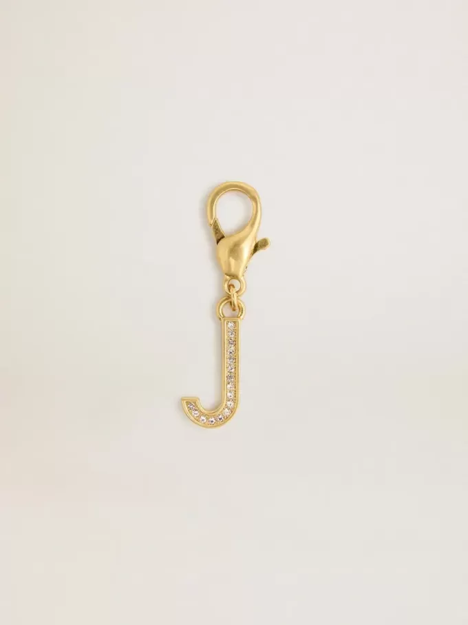 Buchstabe J-Anhänger aus goldfarbenem Messing mit Kristallen Buchstabe J-Anhänger aus goldfarbenem Messing mit Kristallen