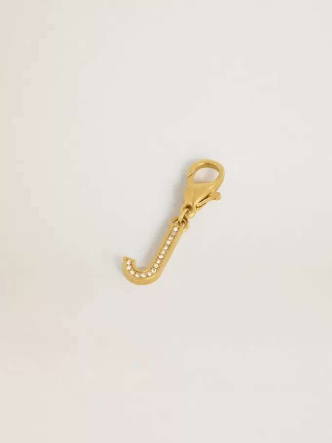 Buchstabe J-Anhänger aus goldfarbenem Messing mit Kristallen Buchstabe J-Anhänger aus goldfarbenem Messing mit Kristallen