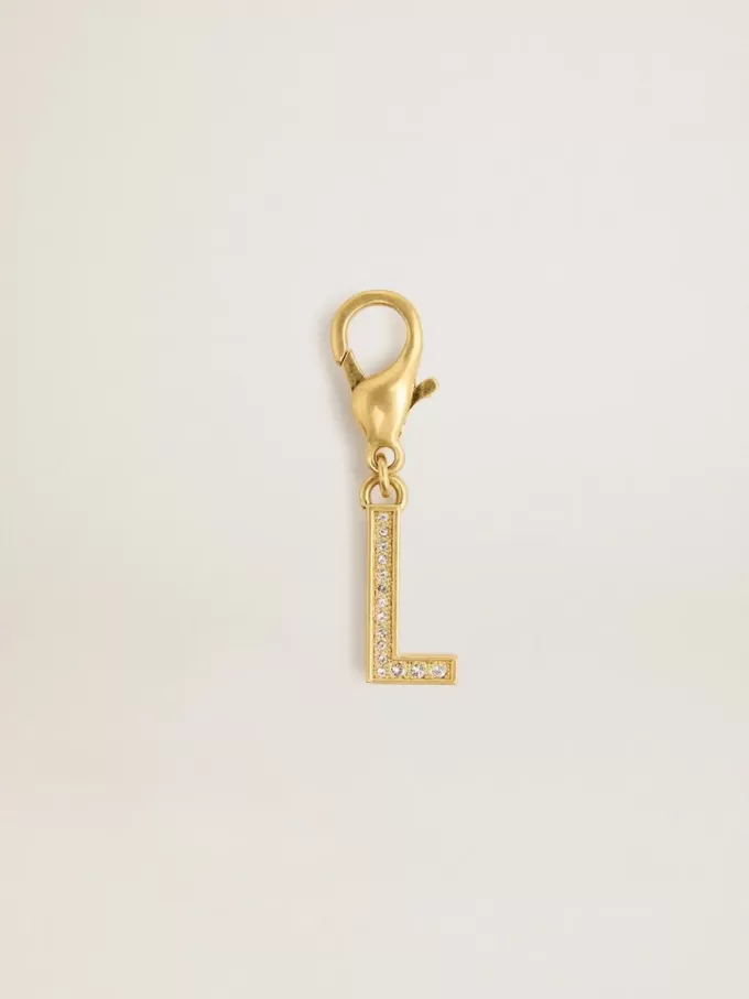 Buchstabe L-Anhänger aus goldfarbenem Messing mit Kristallen Buchstabe L-Anhänger aus goldfarbenem Messing mit Kristallen