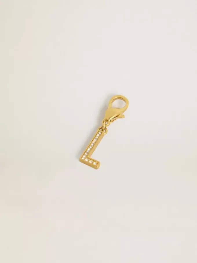 Buchstabe L-Anhänger aus goldfarbenem Messing mit Kristallen Buchstabe L-Anhänger aus goldfarbenem Messing mit Kristallen