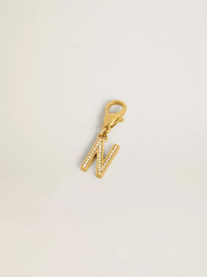 Buchstabe N-Anhänger aus goldfarbenem Messing mit Kristallen Buchstabe N-Anhänger aus goldfarbenem Messing mit Kristallen
