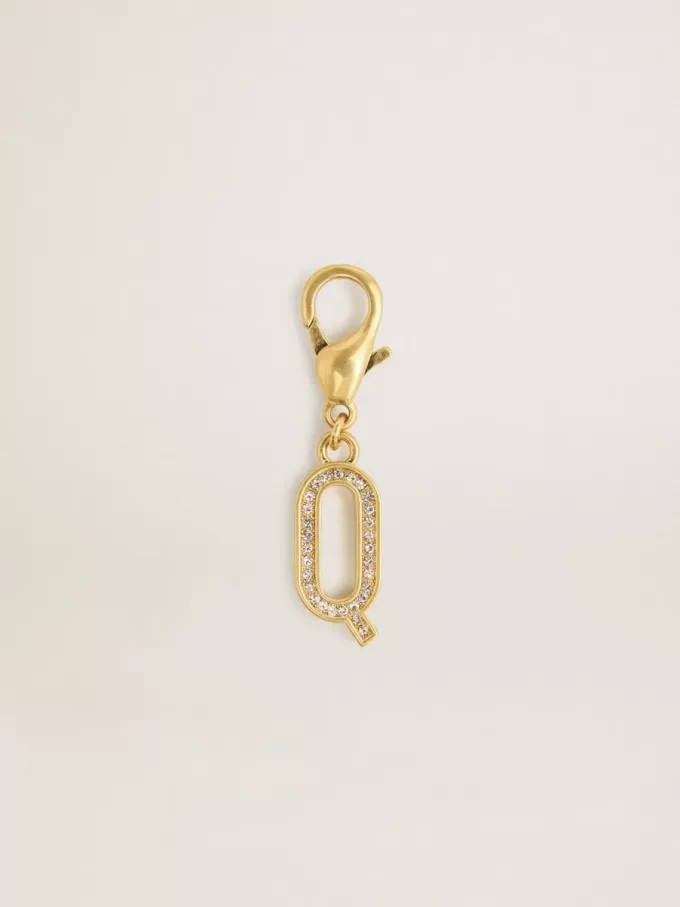 Buchstabe Q-Anhänger aus goldfarbenem Messing mit Kristallen Buchstabe Q-Anhänger aus goldfarbenem Messing mit Kristallen