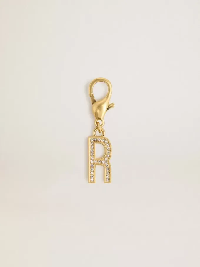 Buchstabe R-Anhänger aus goldfarbenem Messing mit Kristallen Buchstabe R-Anhänger aus goldfarbenem Messing mit Kristallen