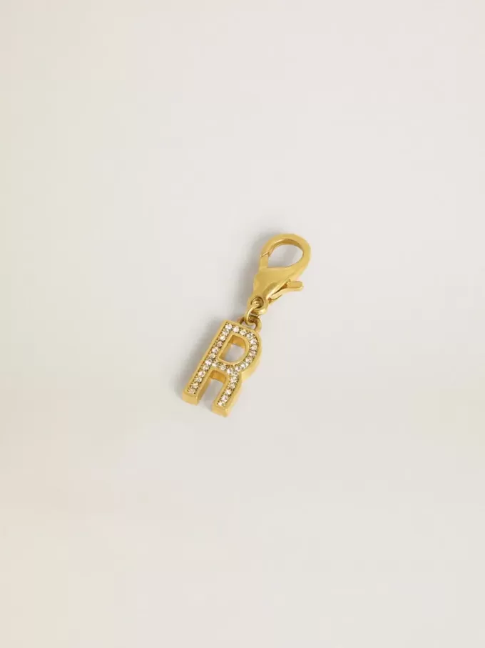 Buchstabe R-Anhänger aus goldfarbenem Messing mit Kristallen Buchstabe R-Anhänger aus goldfarbenem Messing mit Kristallen