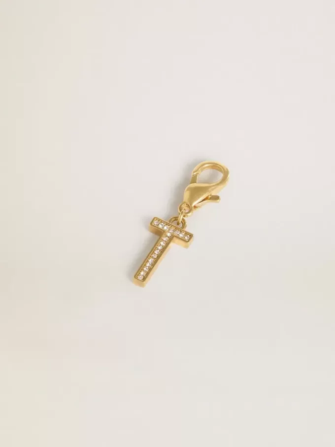 Buchstabe T-Anhänger aus goldfarbenem Messing mit Kristallen Buchstabe T-Anhänger aus goldfarbenem Messing mit Kristallen