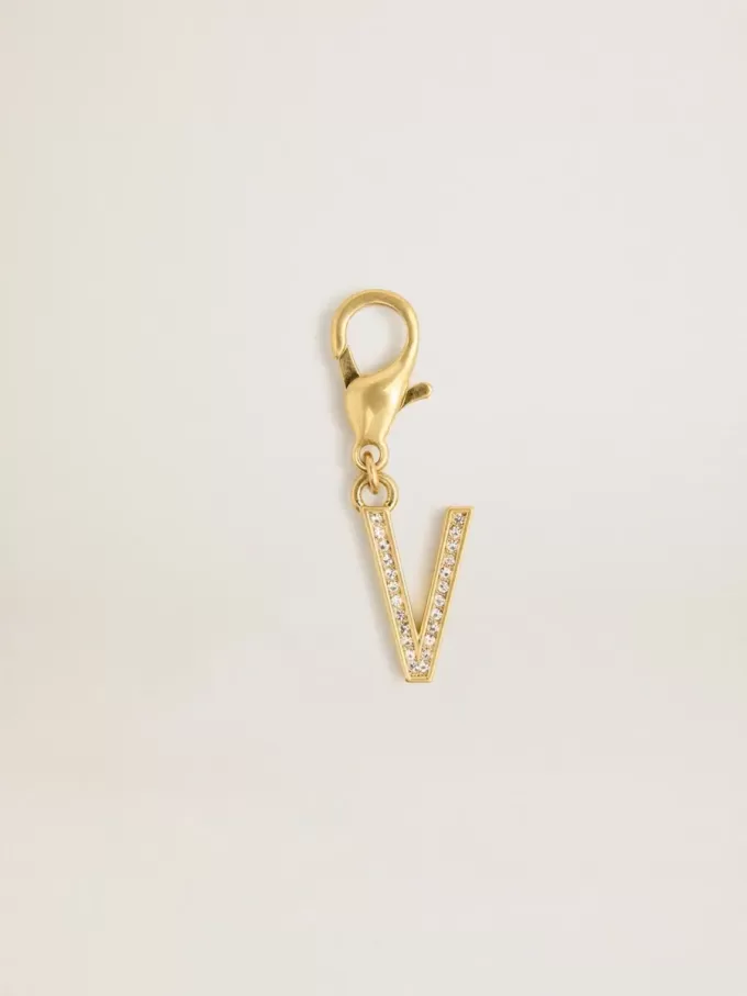 Buchstabe V-Anhänger aus goldfarbenem Messing mit Kristallen