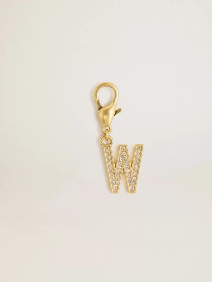 Buchstabe W-Anhänger aus goldfarbenem Messing mit Kristallen Buchstabe W-Anhänger aus goldfarbenem Messing mit Kristallen