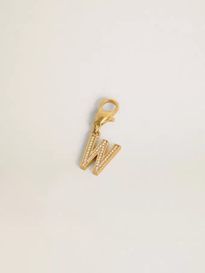 Buchstabe W-Anhänger aus goldfarbenem Messing mit Kristallen Buchstabe W-Anhänger aus goldfarbenem Messing mit Kristallen