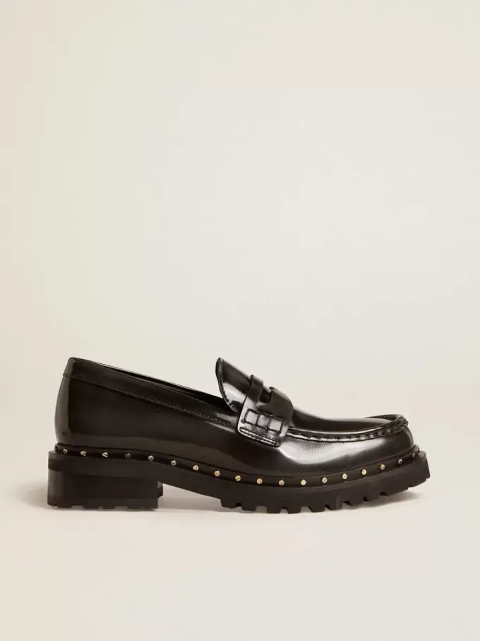 Chunky Loafer für Damen aus schwarzem Leder mit Nieten