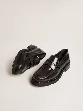 Chunky Loafer für Damen aus schwarzem Leder mit Nieten