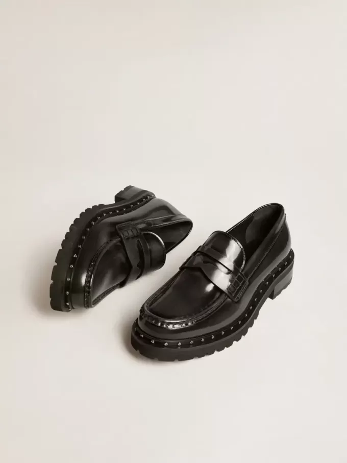 Chunky Loafer für Damen aus schwarzem Leder mit Nieten