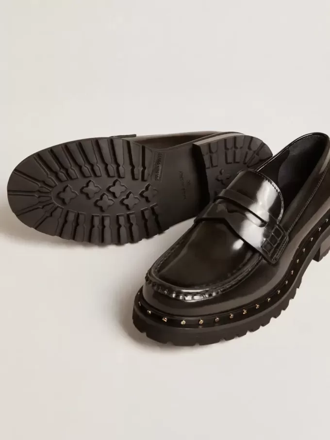 Chunky Loafer für Damen aus schwarzem Leder mit Nieten