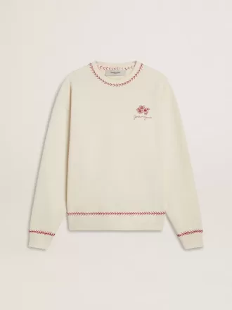 CNY-Sweatshirt aus abgenutzter weißer Baumwolle mit roter Stickerei