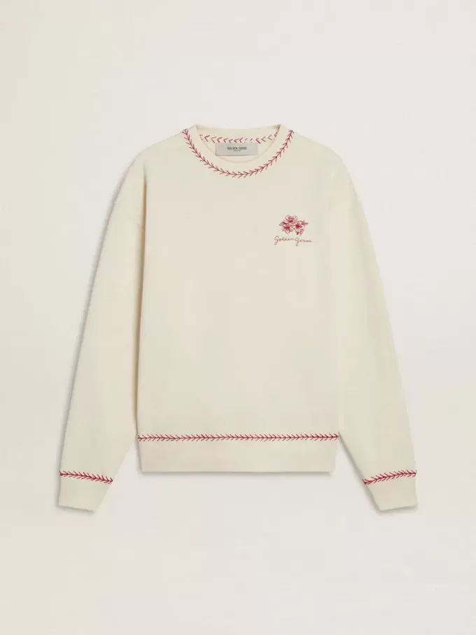 CNY-Sweatshirt aus abgenutzter weißer Baumwolle mit roter Stickerei CNY-Sweatshirt aus abgenutzter weißer Baumwolle mit roter Stickerei