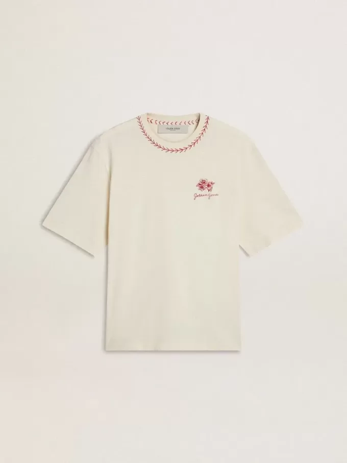 CNY-T-Shirt in Altweiß ohne Ärmel mit roter Stickerei CNY-T-Shirt in Altweiß ohne Ärmel mit roter Stickerei