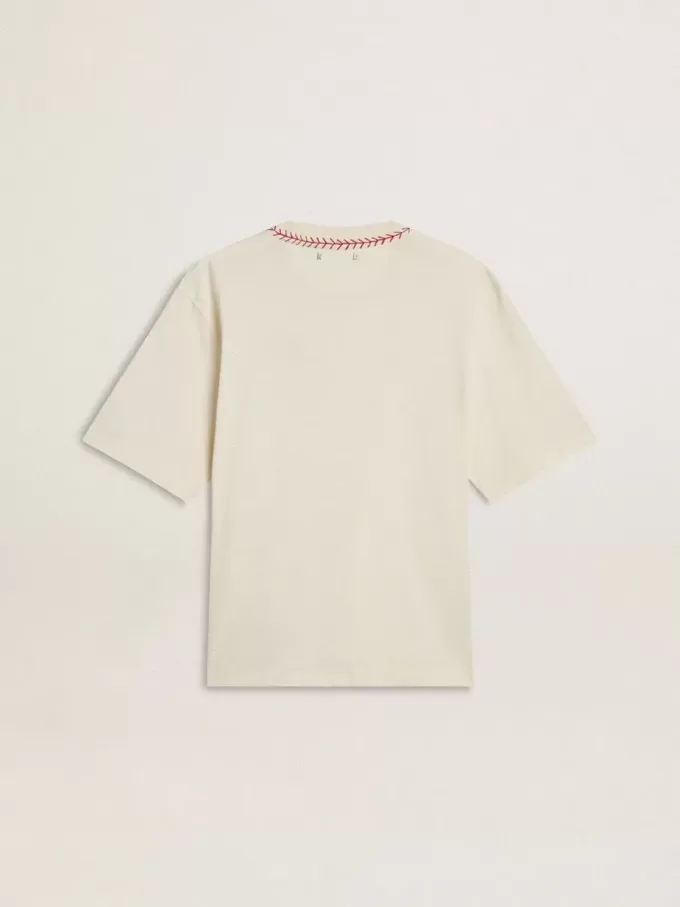 CNY-T-Shirt in Altweiß ohne Ärmel mit roter Stickerei CNY-T-Shirt in Altweiß ohne Ärmel mit roter Stickerei