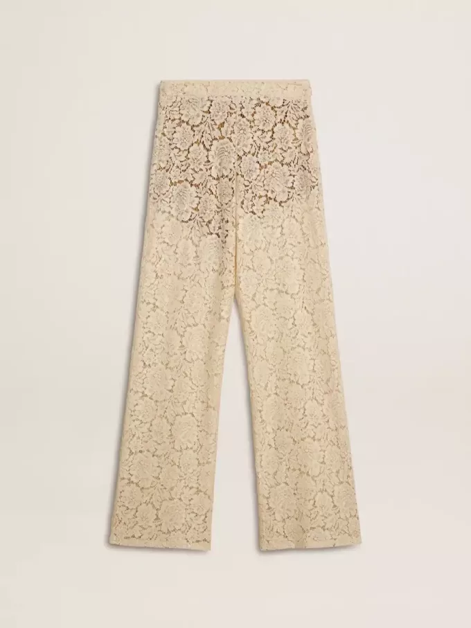 Cremefarbene, durchsichtige Spitzenhose für Damen