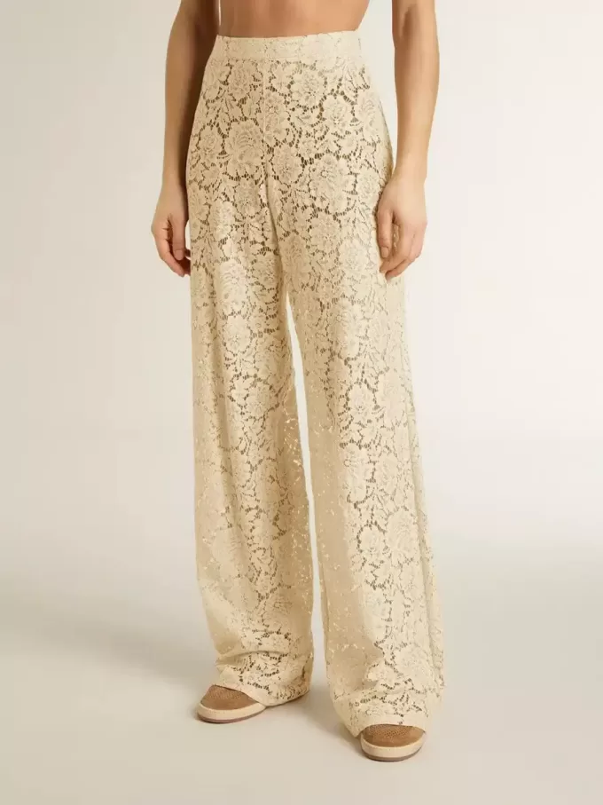 Cremefarbene, durchsichtige Spitzenhose für Damen