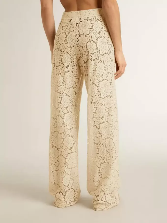 Cremefarbene, durchsichtige Spitzenhose für Damen