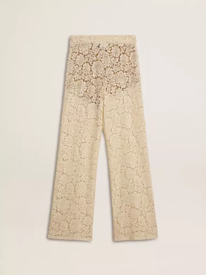 Cremefarbene, durchsichtige Spitzenhose für Damen
