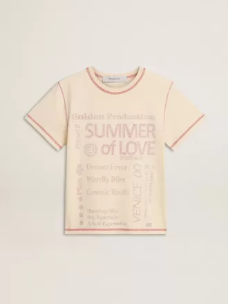 Cremefarbenes Damen-T-Shirt mit verblassten roten Akzenten