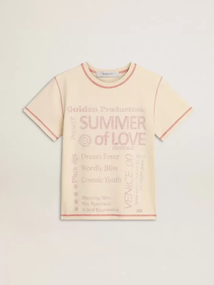 Cremefarbenes Damen-T-Shirt mit verblassten roten Akzenten