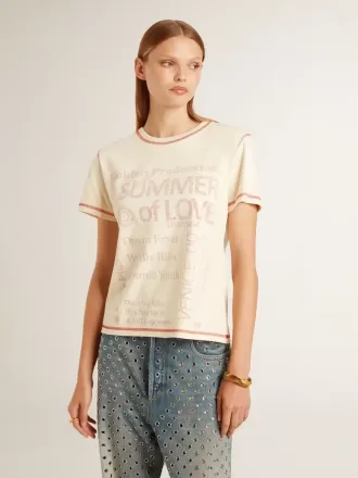 Cremefarbenes Damen-T-Shirt mit verblassten roten Akzenten