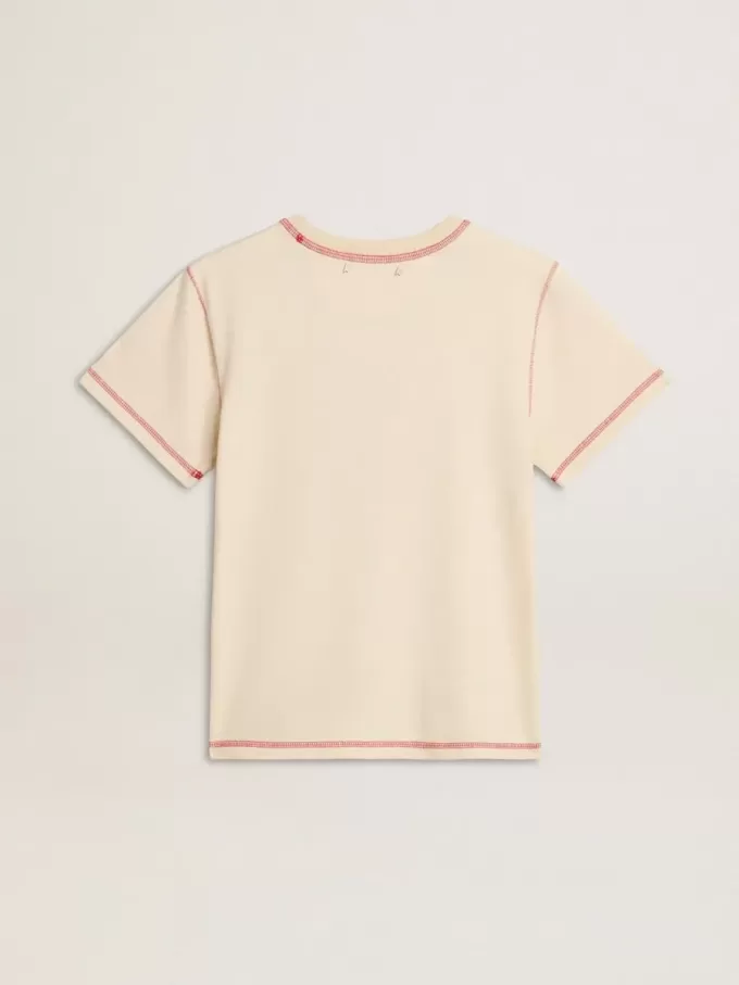 Cremefarbenes Damen-T-Shirt mit verblassten roten Akzenten
