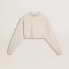 Cremefarbenes, kurz geschnittenes Sweatshirt für Damen aus Baumwolle mit Kristallen auf der Vorderseite