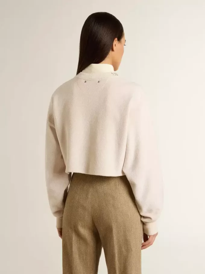 Cremefarbenes, kurz geschnittenes Sweatshirt für Damen aus Baumwolle mit Kristallen auf der Vorderseite