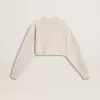 Cremefarbenes, kurz geschnittenes Sweatshirt für Damen aus Baumwolle mit Kristallen auf der Vorderseite