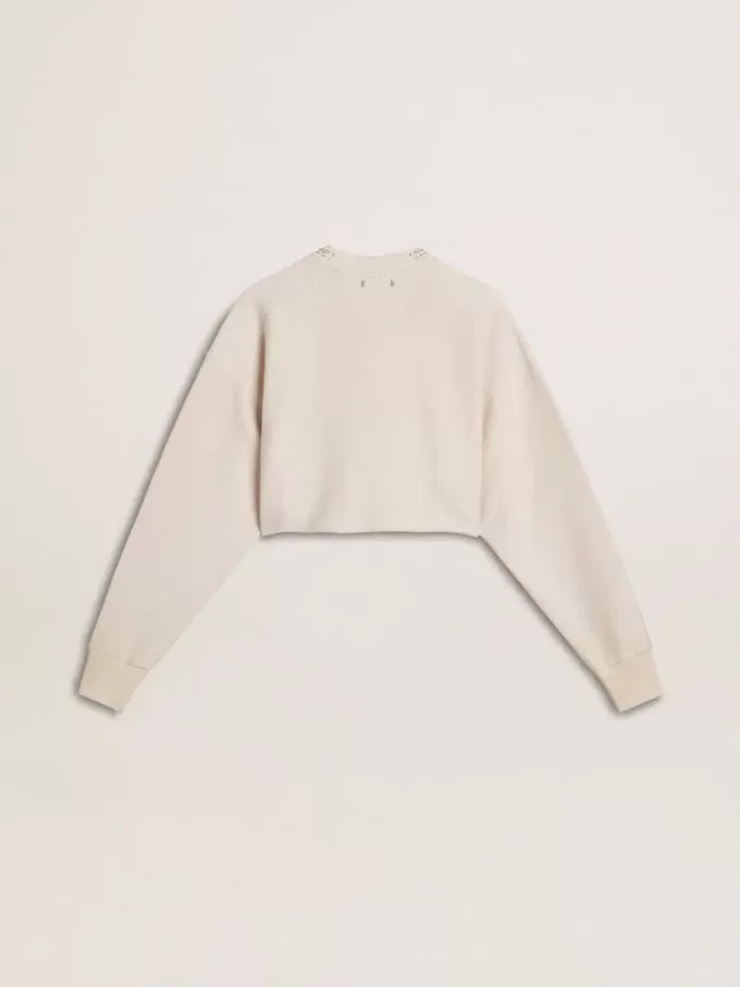 Cremefarbenes, kurz geschnittenes Sweatshirt für Damen aus Baumwolle mit Kristallen auf der Vorderseite