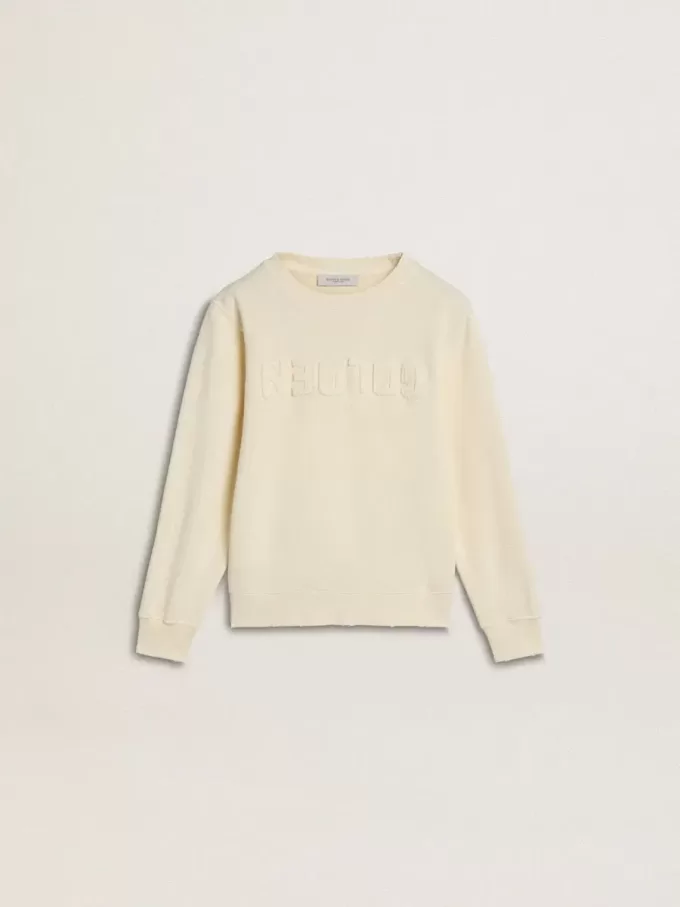 Cremefarbenes Sweatshirt für Mädchen mit Aufnäher-Schriftzug Cremefarbenes Sweatshirt für Mädchen mit Aufnäher-Schriftzug