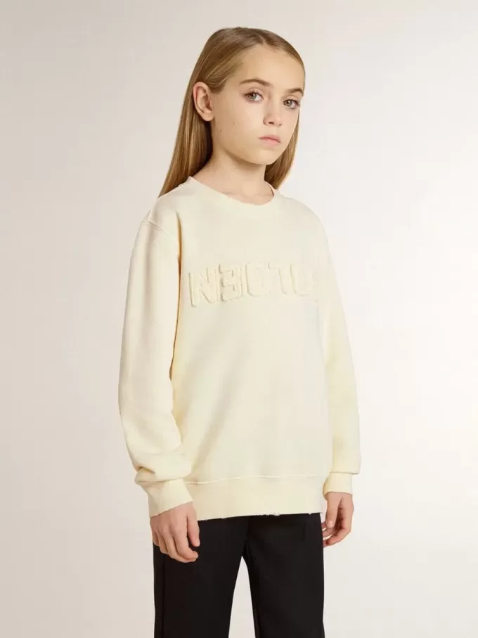 Cremefarbenes Sweatshirt für Mädchen mit Aufnäher-Schriftzug Cremefarbenes Sweatshirt für Mädchen mit Aufnäher-Schriftzug