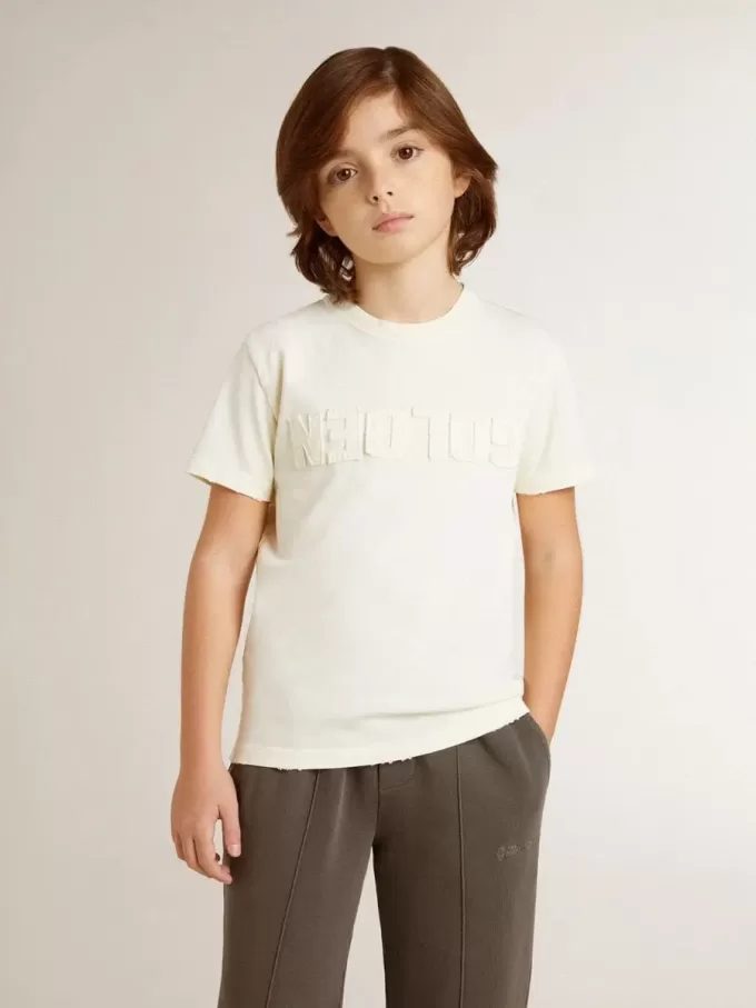 Cremefarbenes T-Shirt für Jungen mit geprägtem Logo