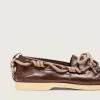 Cruise-Loafer für Damen aus glänzendem dunkelbraunem Leder mit taubengrauen Wanderschnürsenkeln