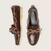 Cruise-Loafer für Damen aus glänzendem dunkelbraunem Leder mit taubengrauen Wanderschnürsenkeln