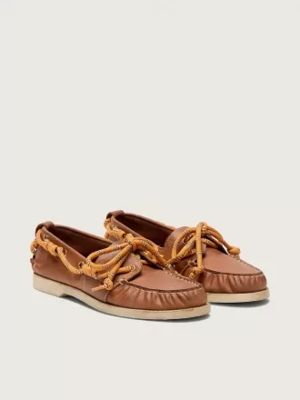 Cruise-Loafer für Damen aus tabakfarbenem Leder mit orangefarbenen Wanderschnürsenkeln
