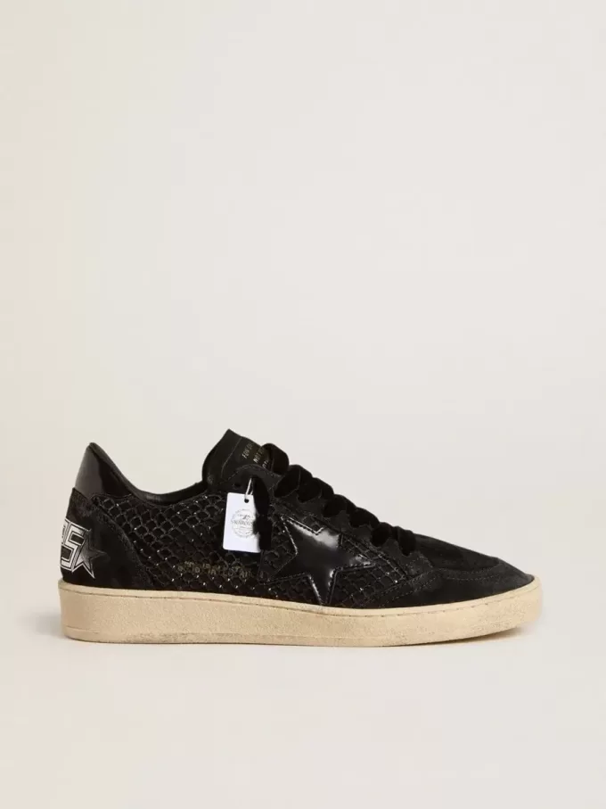 Damen-Ball Star aus Mesh mit Swarovski-Kristallen und schwarz laminiertem Lederstern und Fersenlasche