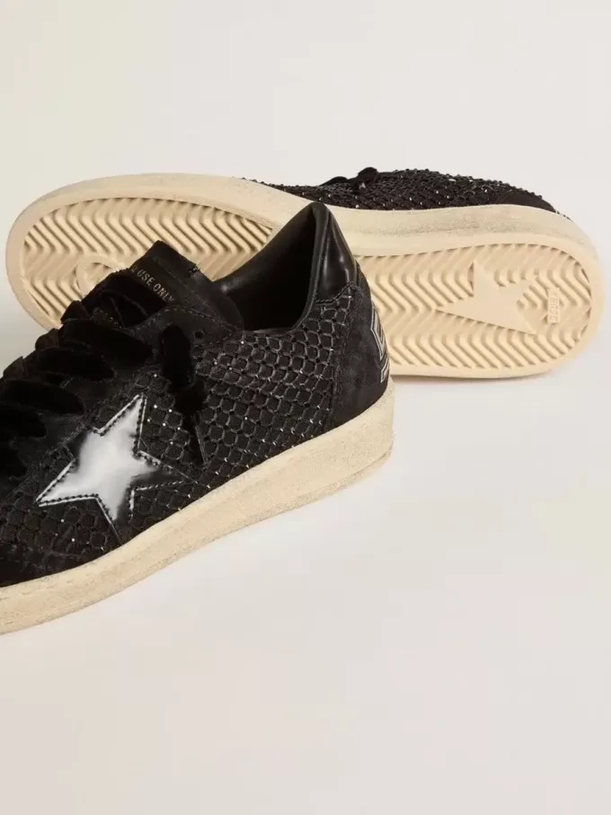 Damen-Ball Star aus Mesh mit Swarovski-Kristallen und schwarz laminiertem Lederstern und Fersenlasche